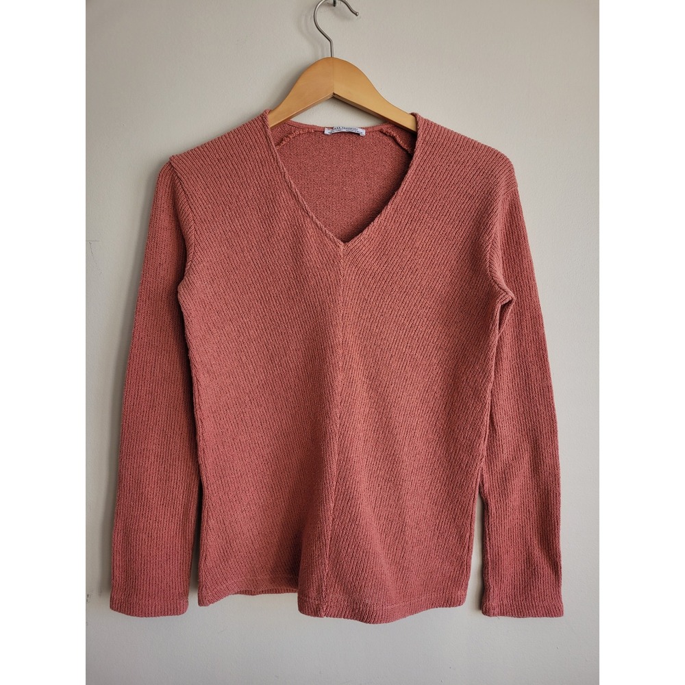 Zara Trafaluc Womens V-Neck Ribbed Knit Sweater Mauve Pink‎ Long Sleeve Size M